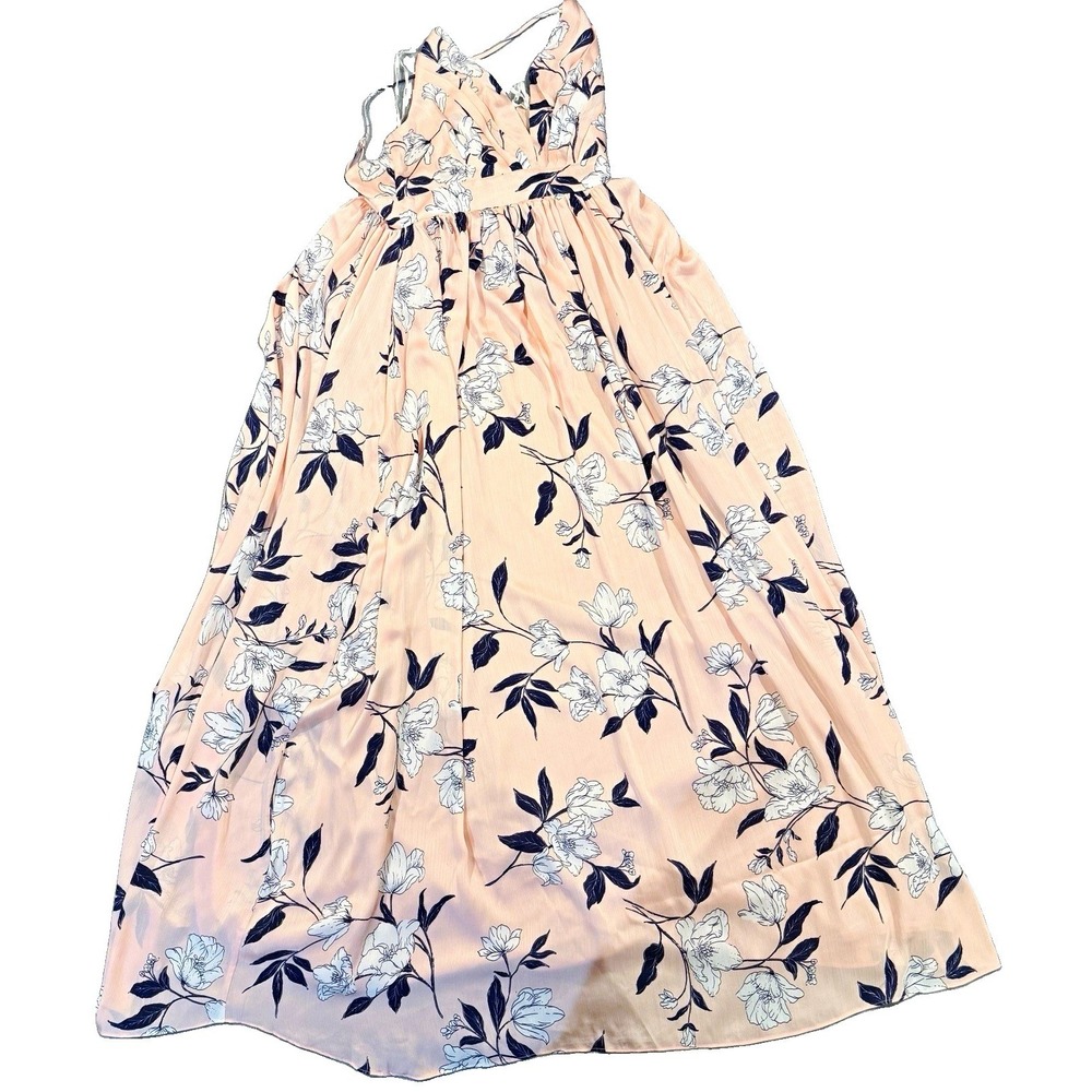 NWT Soieblu Pink Navy Floral Chiffon Maxi Dress Large L Halter Cross Back Formal